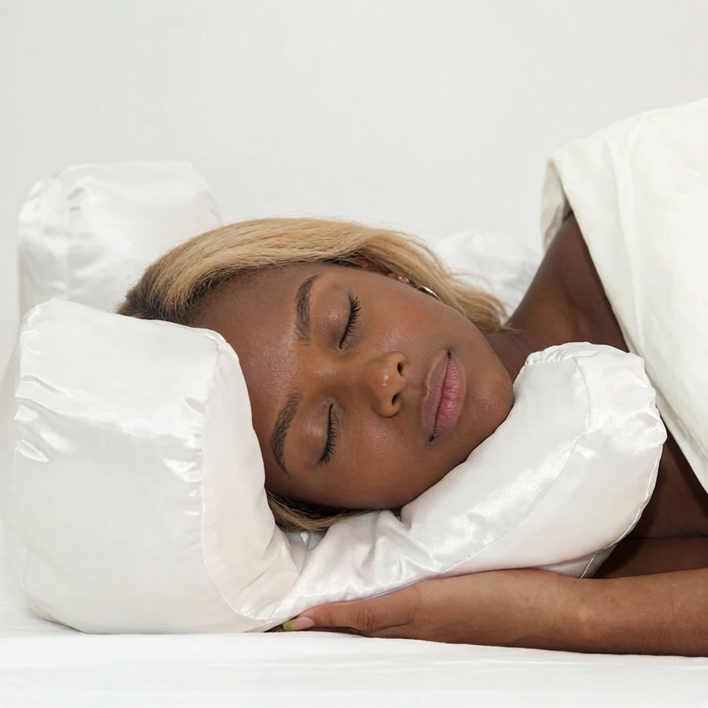 Woman sleeping peacefully on white pillow