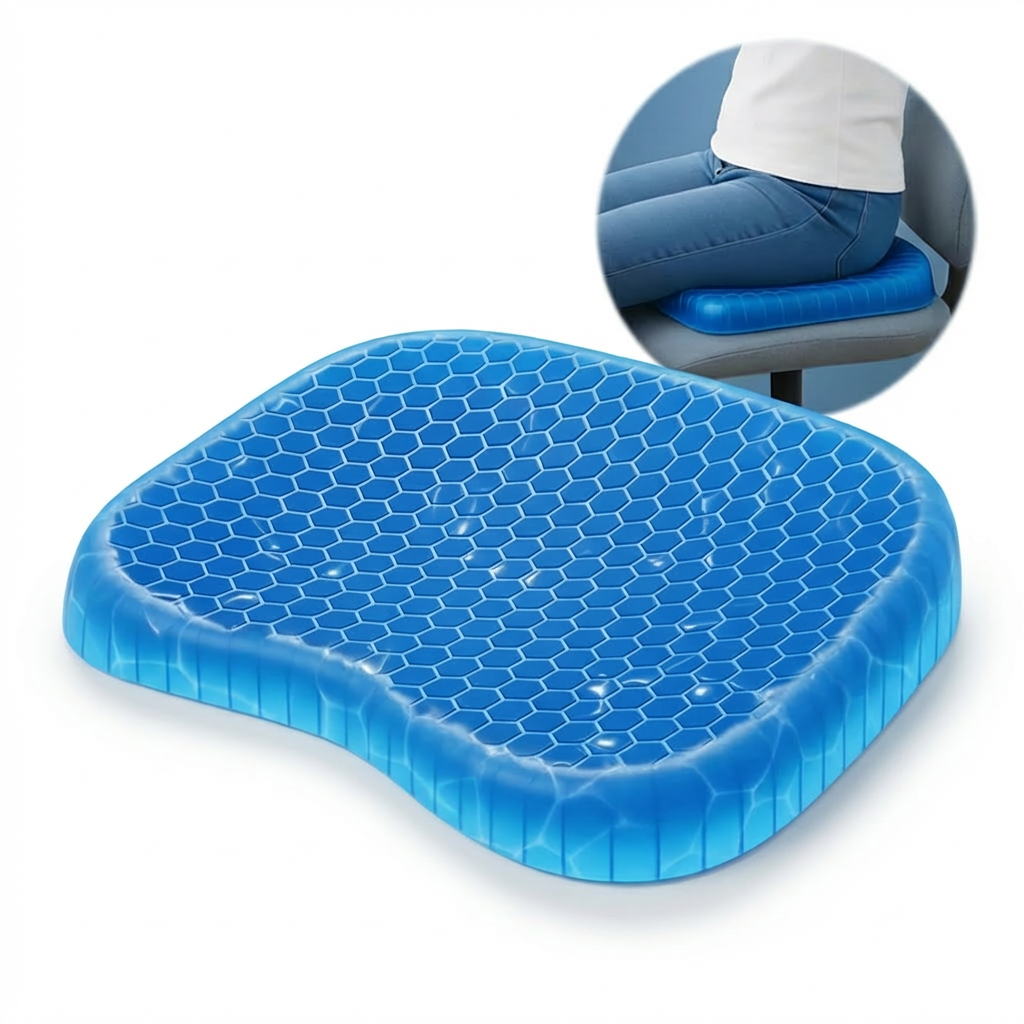 Blue honeycomb seat cushion on a white background with an inset showing a person sitting on a chair with the cushion.