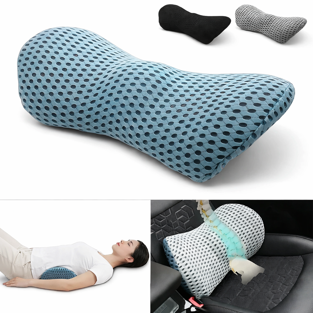 Blue patterned pillow with additional pillows in black and gray, used for back support.