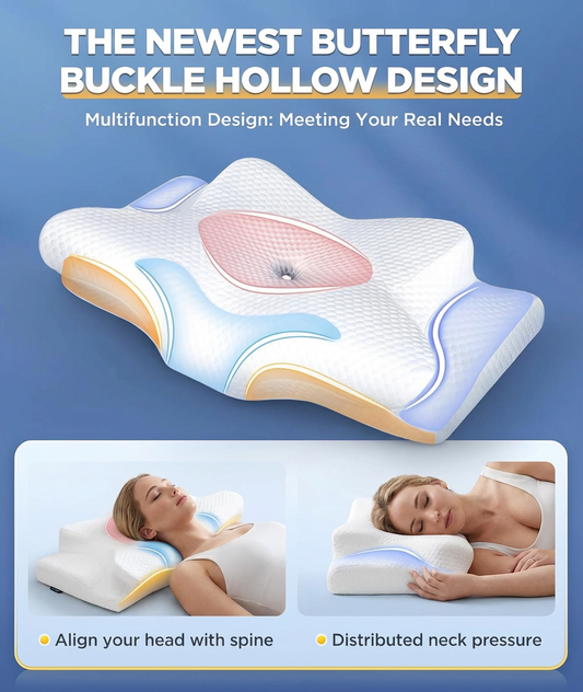 Butterfly bucklAe hollow design pillow with text on a blue background