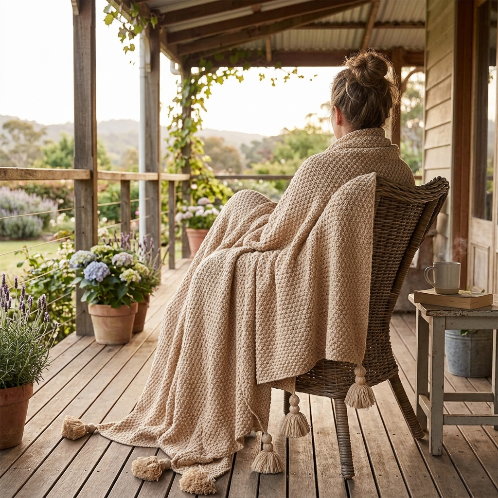 Knitted Wool Blanket | Chunky Wool Throw with Tassels & Decorative Balls | Elegant Scandinavian Design for Warmth and Comfort