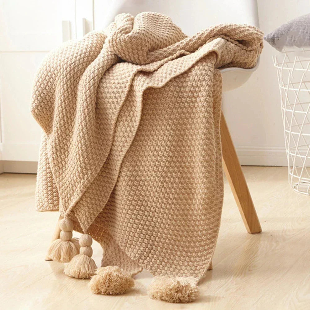 Knitted Wool Blanket | Chunky Wool Throw with Tassels & Decorative Balls | Elegant Scandinavian Design for Warmth and Comfort 1