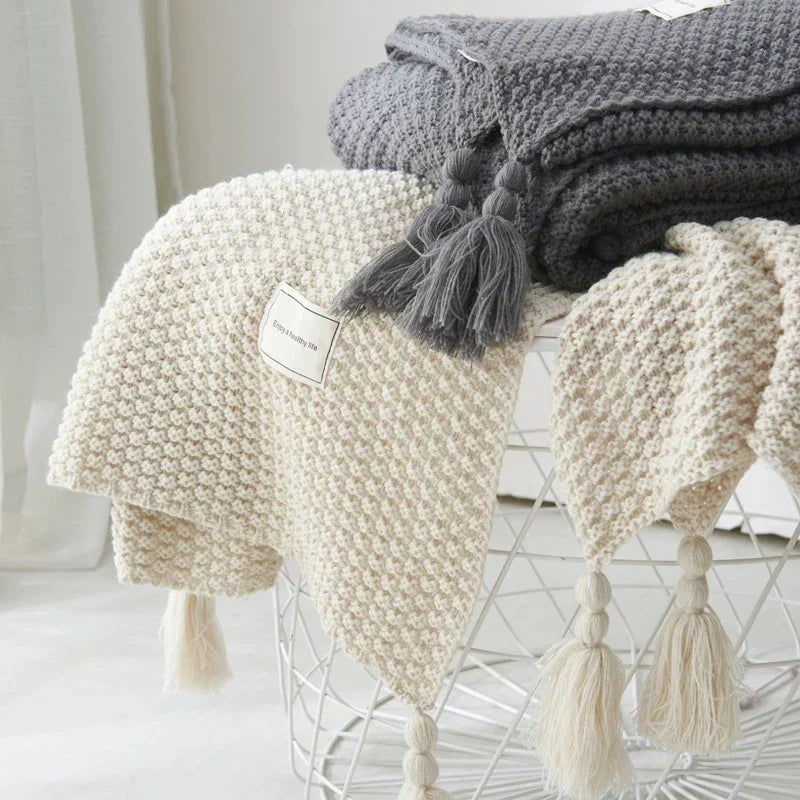 Knitted Wool Blanket | Chunky Wool Throw with Tassels & Decorative Balls | Elegant Scandinavian Design for Warmth and Comfort 7