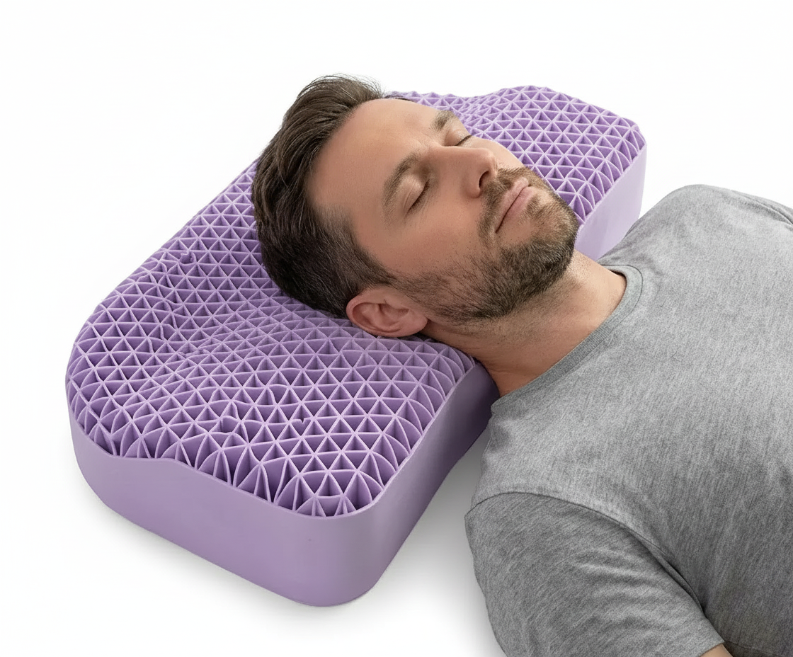 Man lying on a purple honeycomb pillow on a white background