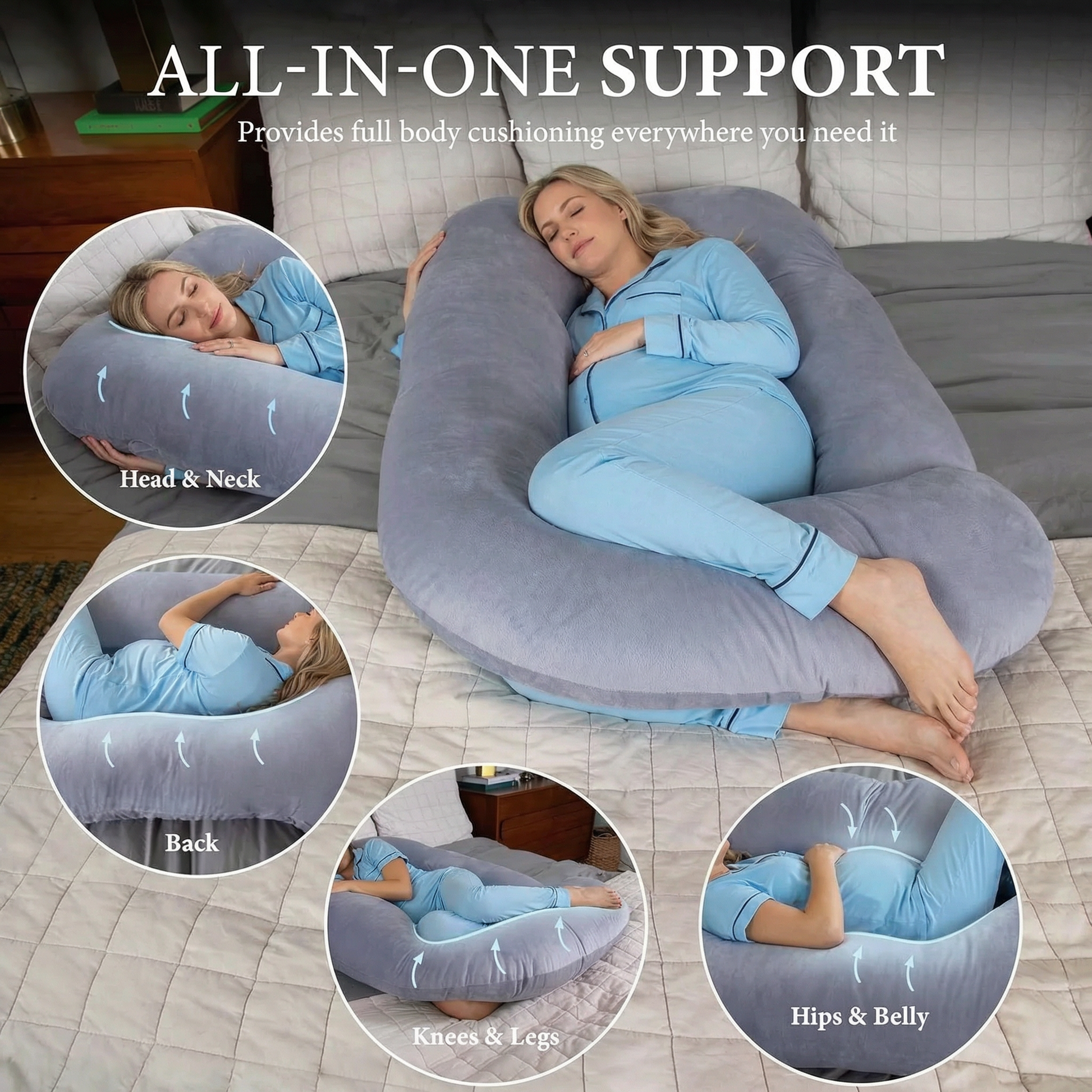 Pregnant woman lying on a U-shaped body pillow with insets showing support areas.