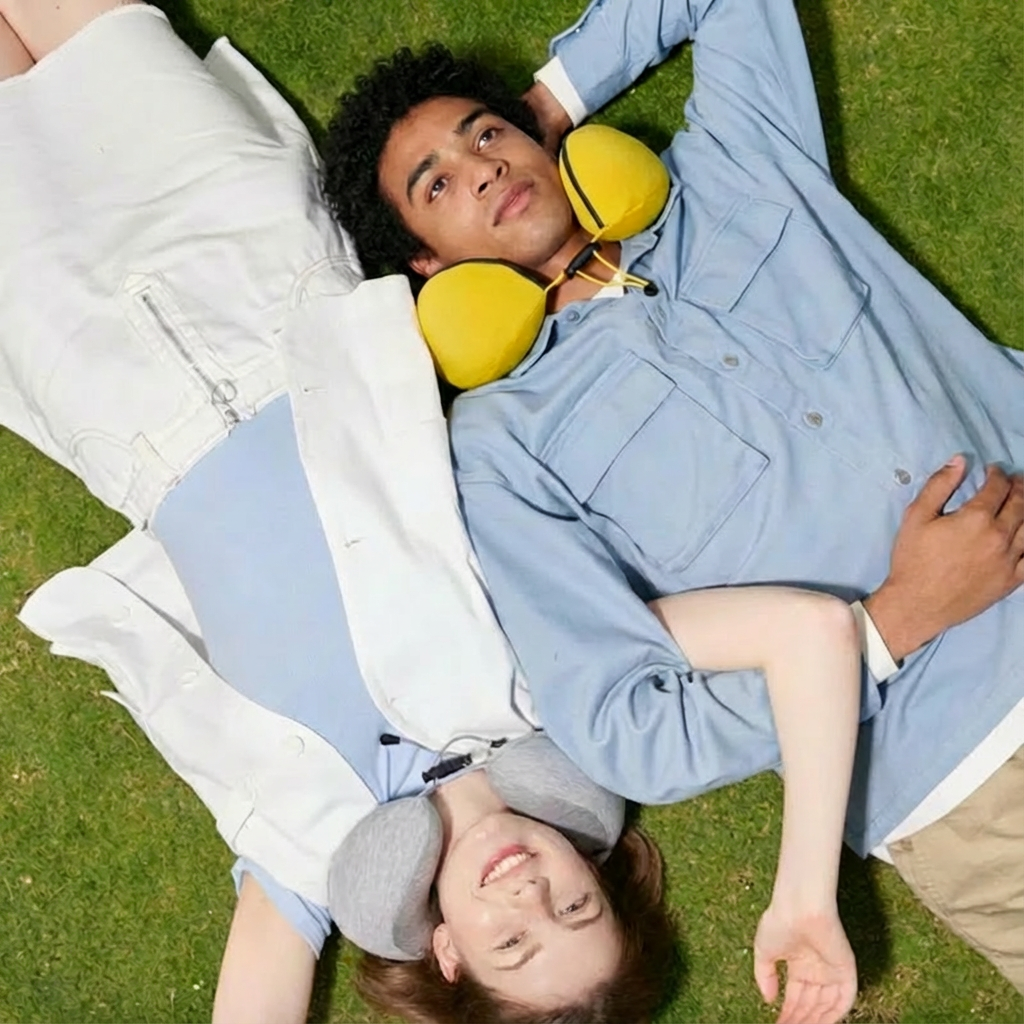 Two people lying on grass in yellow and gray neck memory pillows