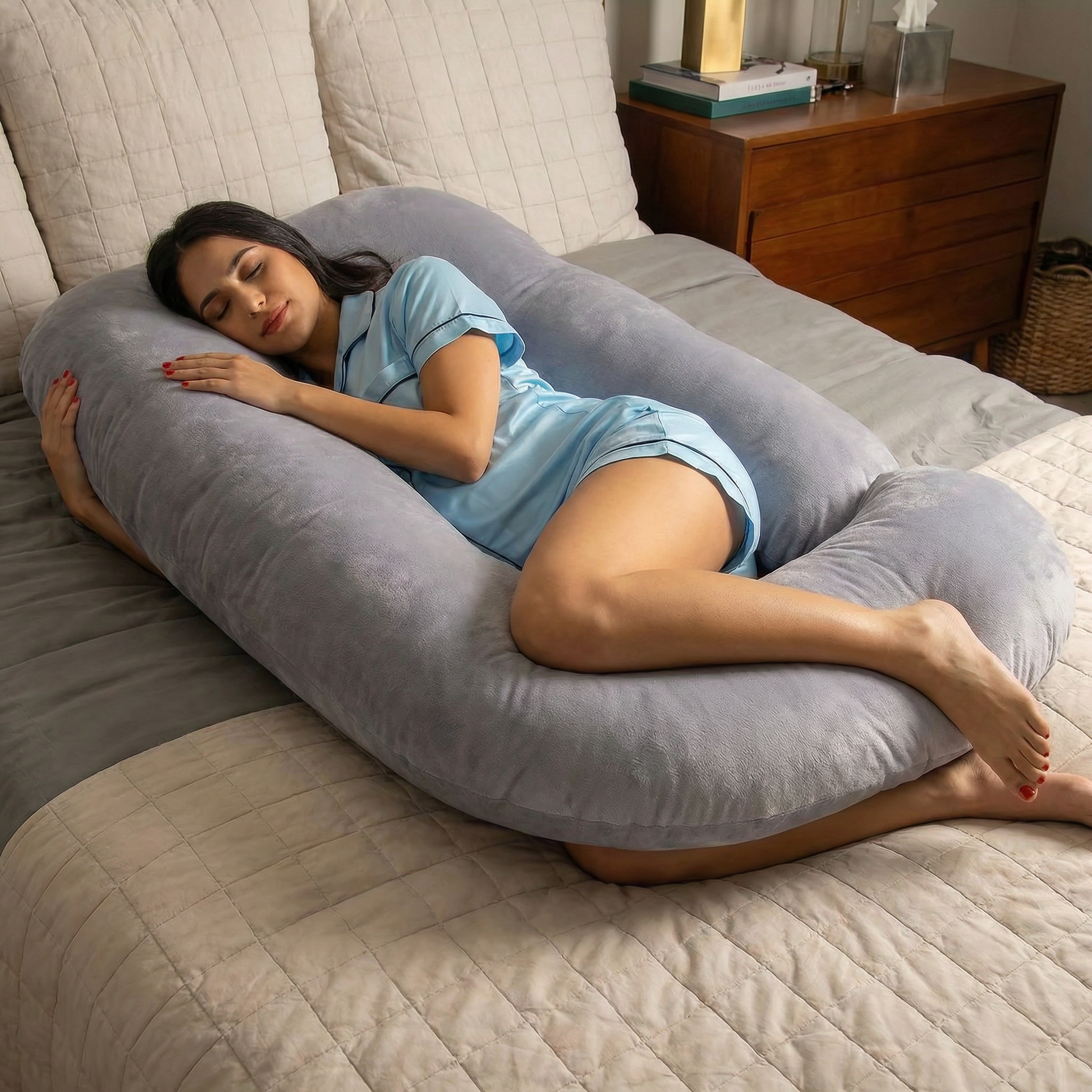 Woman lying on a U-shaped body pillow in a bedroom setting.