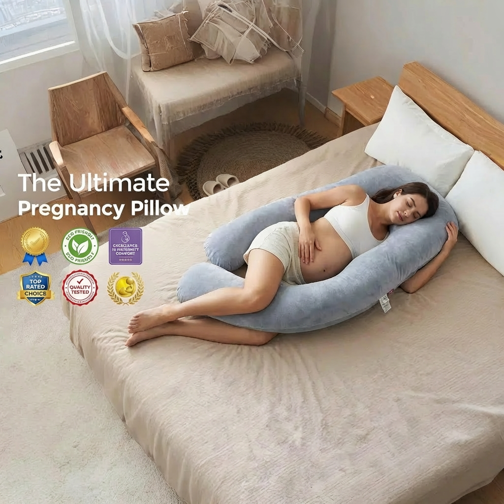 Woman lying on a bed with a pregnancy pillow, surrounded by home decor.