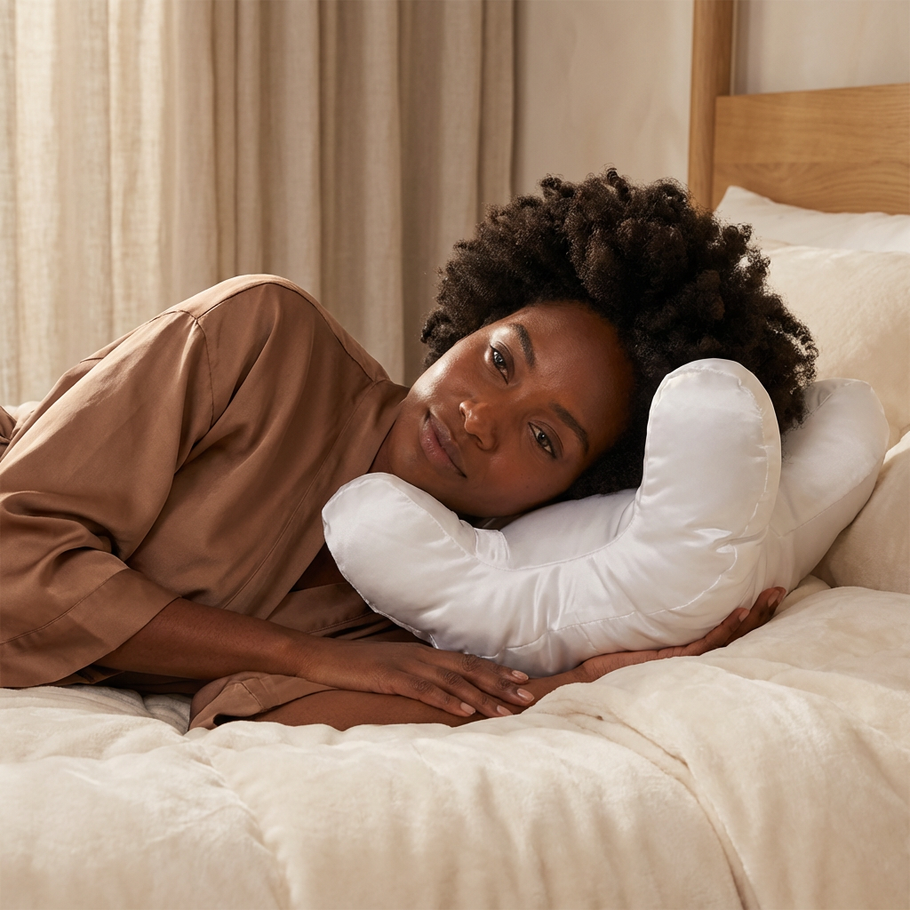 Woman lying on a bed with a white pillow, wearing a brown shirt.
