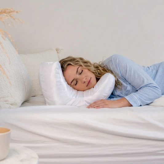 Woman lying on a bed with a white pillow, wearing a light blue robe.