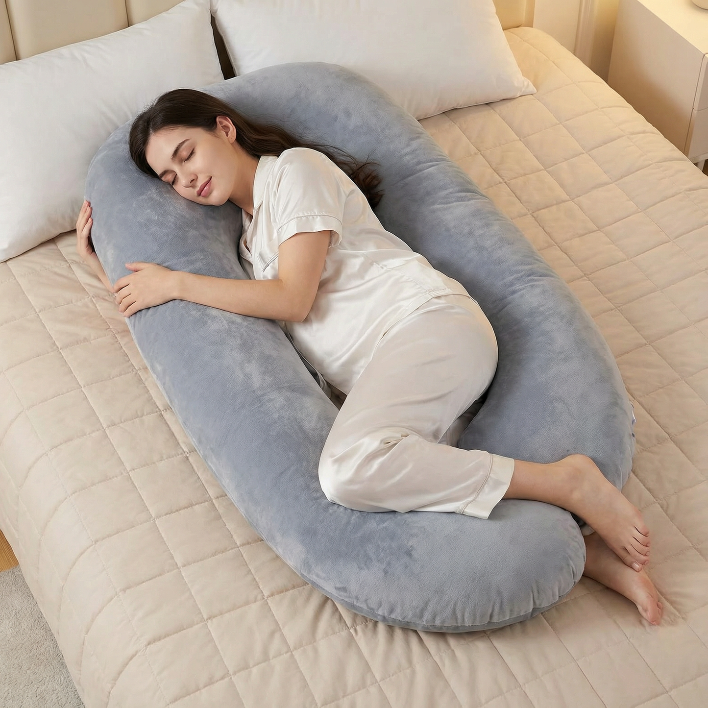Woman lying on a large U-shaped body pillow on a bed