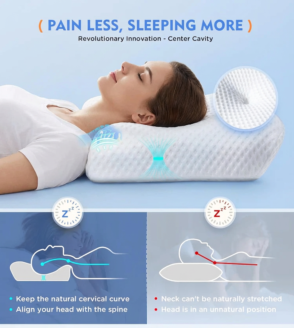 Woman lying on a pillow with text and graphics highlighting its benefits