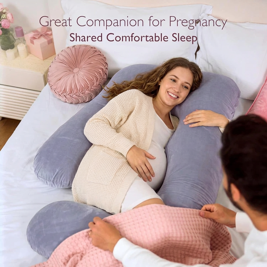 Woman using a U-shaped pregnancy pillow with a partner in a bedroom setting.