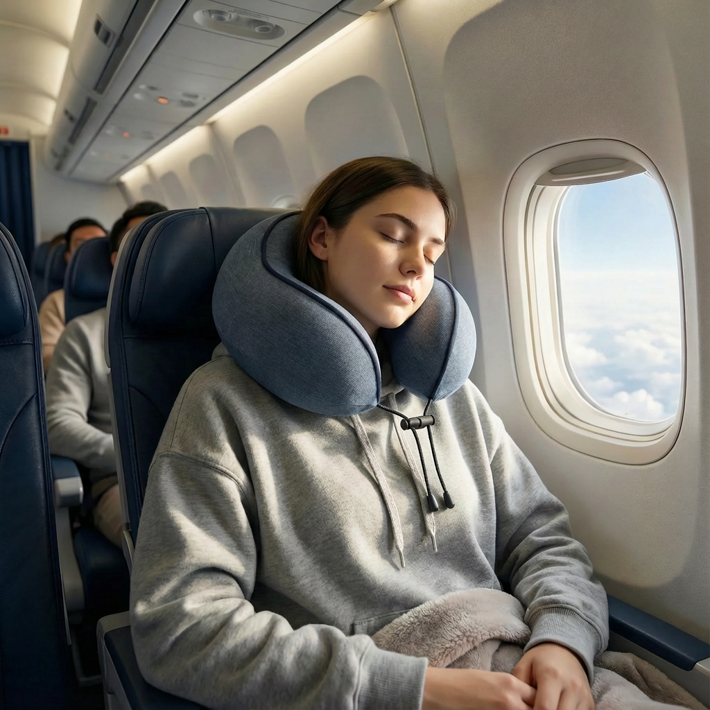 Woman using a neck pillow on an airplane with a window view.
